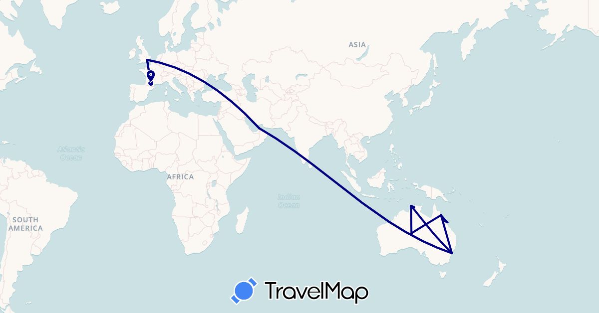 TravelMap itinerary: driving in United Arab Emirates, Australia, France, United Kingdom (Asia, Europe, Oceania)